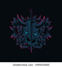 llustration oni mask and flower japanese style 