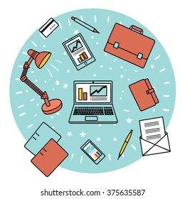  llustration of outline of office supplies and stuff on white isolation background