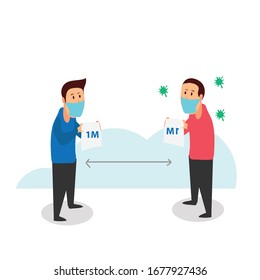 llustration PEOPLE DO SOCIAL DISTANCING BECAUSE Common Viruses, corona , mers. Wuhan virus disease with mask . Corona Virus Cell Vector Illustration. Good for template background, banner, poster, etc.