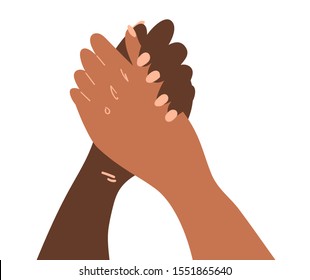 llustration of a people hands with different skin color in handshake gesture . Race equality, feminism, tolerance art in minimal style.