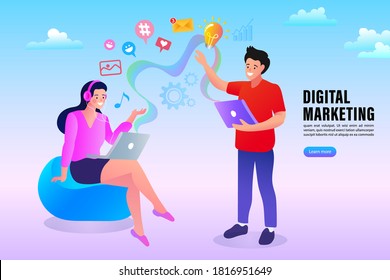 llustration of people at video conference on computer.  Woman and man having video call meeting with clients at home. Chatting Using laptop  for Website or Web Page. Vector