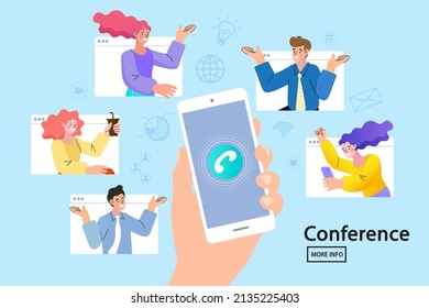 llustration of people at video conference on smartphone. Woman and man having video call meeting with clients at home. Chatting Using Smartphone for Website or Web Page. group of people communicating.