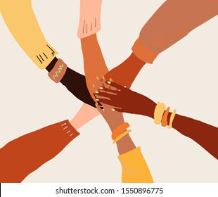 Llustration Of A People's Hands With Different Skin Color Together Holding Each Other. Race Equality, Feminism, Tolerance Art In Minimal Style.