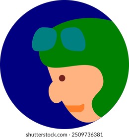 llustration of a pilot's head with a green helmet in a blue circle