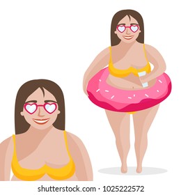 llustration of a plump woman in a swimsuit. Holds an inflatable circle. Sunglasses in the shape of heart. No complex. Be yourself.