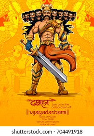 ilustração de Raavana com dez cabeças para Navratri festival da Índia cartaz com texto hindi Dussehra
