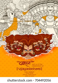 llustration of Raavana with ten heads for Navratri festival of India poster with Hindi text Dussehra