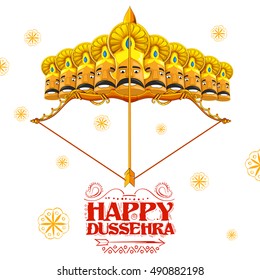 llustration of Raavana with ten heads on bow and arrow for Dussehra Navratri festival of India poster