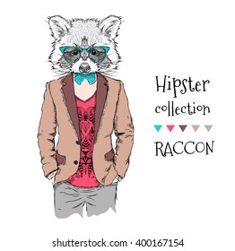 llustration of Raccoon hipster dressed up in jacket, pants and sweater. Vector illustration