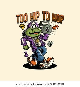 llustration of a rapper frog walking while carrying a radio