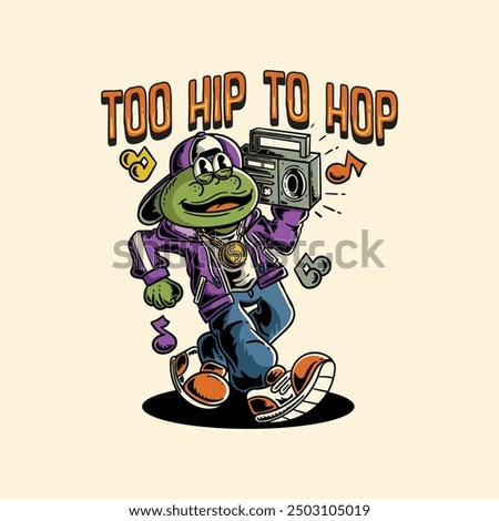 llustration of a rapper frog walking while carrying a radio