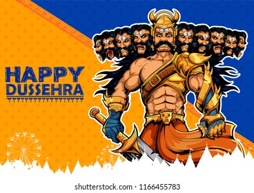 llustration of Ravana with ten heads for Navratri festival of India poster for Dussehra