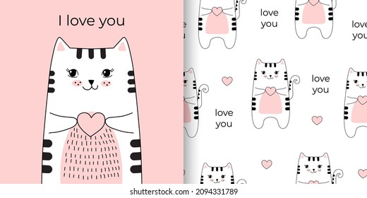 Llustration And Seamless Childish Pattern With Cute Cat In Black And White Style. Valentines Day Set. Creative Scandinavian Kids Texture For Fabric, Wrapping, Textile, Wallpaper, Apparel