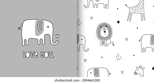 llustration and seamless childish pattern with cute animals in black and white style. Creative scandinavian kids texture for fabric, wrapping, textile, wallpaper, apparel. Vector illustration