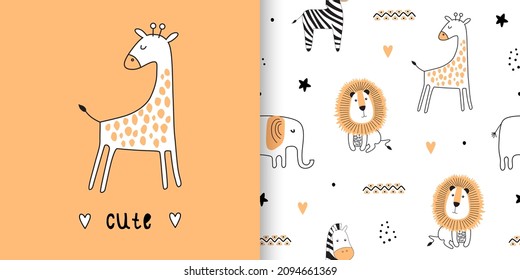 llustration and seamless childish pattern with cute animals in black and white style. Creative scandinavian kids texture for fabric, wrapping, textile, wallpaper, apparel. Vector illustration