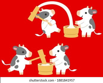 llustration set of cows making rice cakes for the New Year of Ox in Japan
The cows are pounding mochi (mchitsuki in Japanese) in the traditional way.