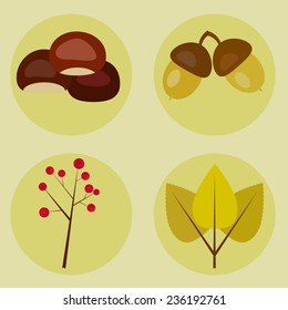 llustration set of fall products on a neutral background with beech tree leaves, acorn, berries and chestnuts 