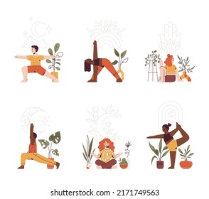 grupo de depuración con niños hacen ejercicios de yoga. Niños con diferentes poses de yoga. Practicar meditación y estiramientos en casa. Estilo de vida saludable. ilustración vectorial en estilo plano