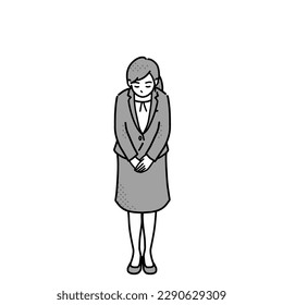 llustration set of woman in suit bowing, full body　monochrome