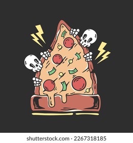 llustration of a skull eating pizza, skeleton and food. retro and antique style design. suitable for printing t-shirts, stickers and tattoos