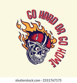 llustration of a skull wearing an American football helmet on fire