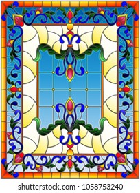 llustration in stained glass style with abstract  swirls,flowers and leaves  on a light background,vertical orientation