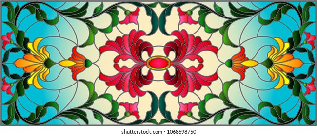 llustration in stained glass style with abstract  swirls,flowers and leaves  on a light background,horizontal orientation