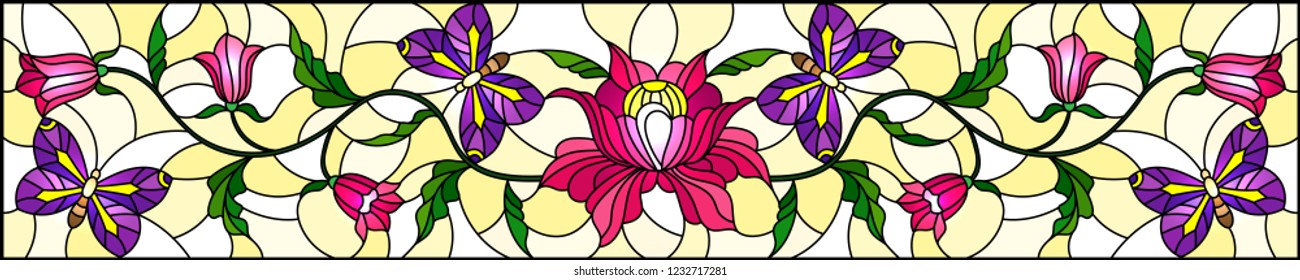 llustration in stained glass style with abstract curly pink flower and a purple  butterfly on yellow background , horizontal image