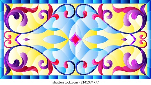 llustration in stained glass style with abstract  swirls,flowers and leaves  on a light background,horizontal orientation