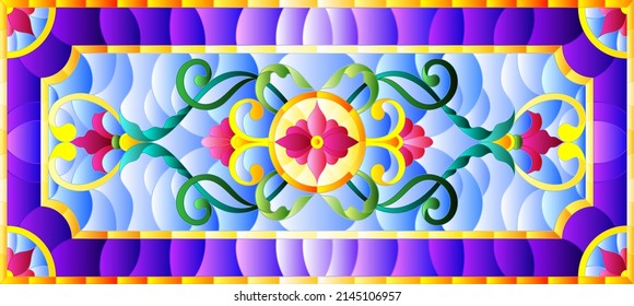 llustration in stained glass style with abstract  swirls,flowers and leaves  on a light background,horizontal orientation