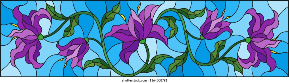 llustration in stained glass style with flowers, leaves and buds of purple  lilies on a blue background