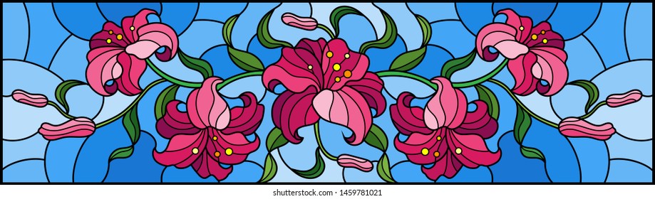 llustration in stained glass style with flowers, leaves and buds of pink lilies on a blue background