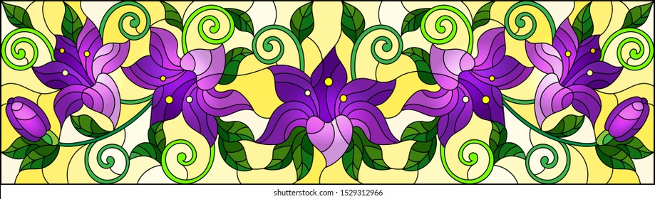 llustration in stained glass style with flowers, leaves and buds of purple lilies on a yellow background