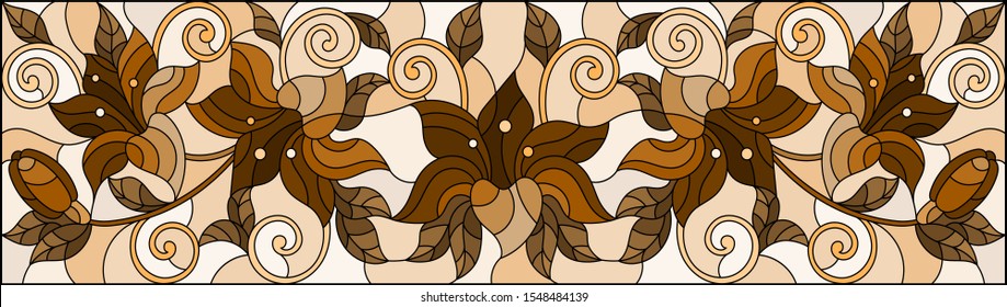 llustration in stained glass style with flowers, leaves and buds of lilies on a beige background, tone brown, sepia