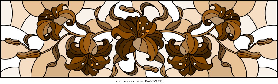 llustration in stained glass style with flowers, leaves and buds of lilies on a beige background, tone brown, sepia