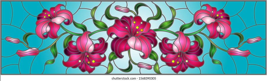 llustration in stained glass style with flowers, leaves and buds of pink lilies on a blue background