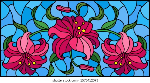 llustration in stained glass style with flowers, leaves and buds of pink lilies on a blue background