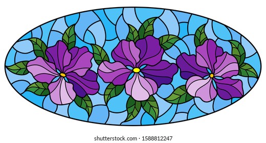 llustration in stained glass style with flowers, leaves and buds of purple flowers on a blue background, oval omage