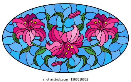 llustration in stained glass style with flowers, leaves and buds of pink lilies on a blue background, oval image