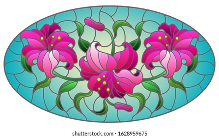 llustration in stained glass style with flowers, leaves and buds of pink lilies on a blue background, oval image