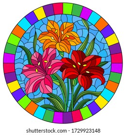 llustration in stained glass style with flowers, leaves and buds of bright lilies on a blue background, round image in a bright frame
