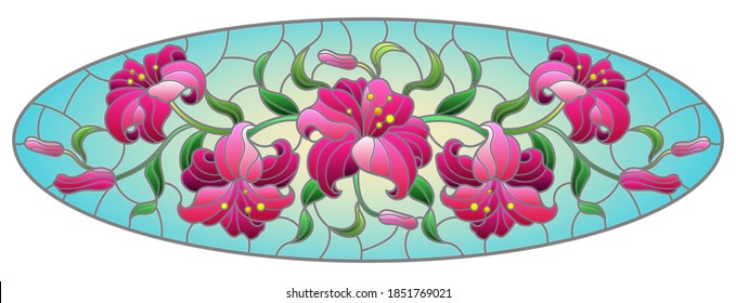 llustration in stained glass style with flowers, leaves and buds of pink lilies on a blue background, oval image