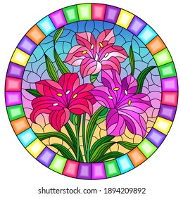 llustration in stained glass style with flowers, leaves and buds of bright pink lilies on a sky  background, round image in a bright frame
