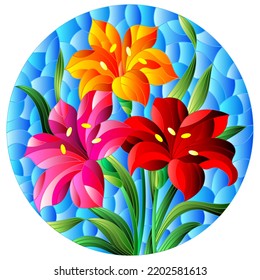 llustration in stained glass style with flowers, leaves and buds of bright lilies on a blue background, round image