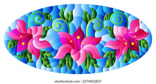 llustration in stained glass style with flowers, leaves and buds of pink lilies on a blue background, oval image