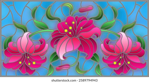 llustration in stained glass style with flowers, leaves and buds of pink lilies on a blue background