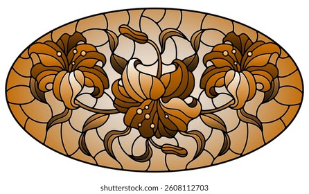 llustration in stained glass style with flowers, leaves and buds of lilies on a sky background, oval image, tone brown