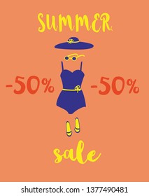 llustration of summer discounts, sale. Beach accessories and handwritten font. Hat, swimsuit, sunglasses, beach slippers. Fashionable illustration. Blue, orange  and rad on white background.