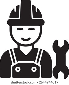 Ilustração de um técnico, um trabalhador usando um chapéu e macacão, com uma chave na lateral