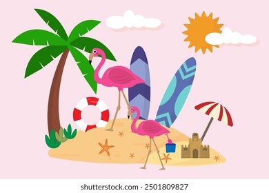 llustration of a tropical island view in summer with a collection of beautiful flamingos. Beautiful Beach view for Web banner, summer time wallpaper and landscape background